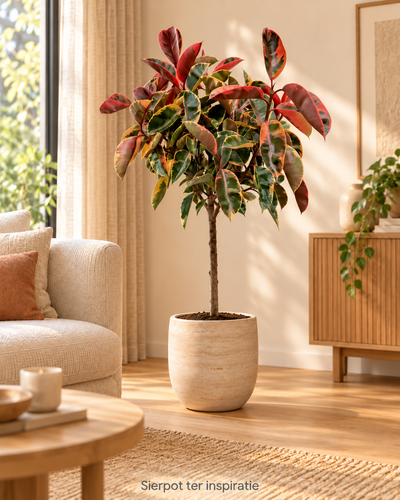 Rubberboom Belize 130 cm in warm interieur; sierpot ter inspiratie, niet inbegrepen
