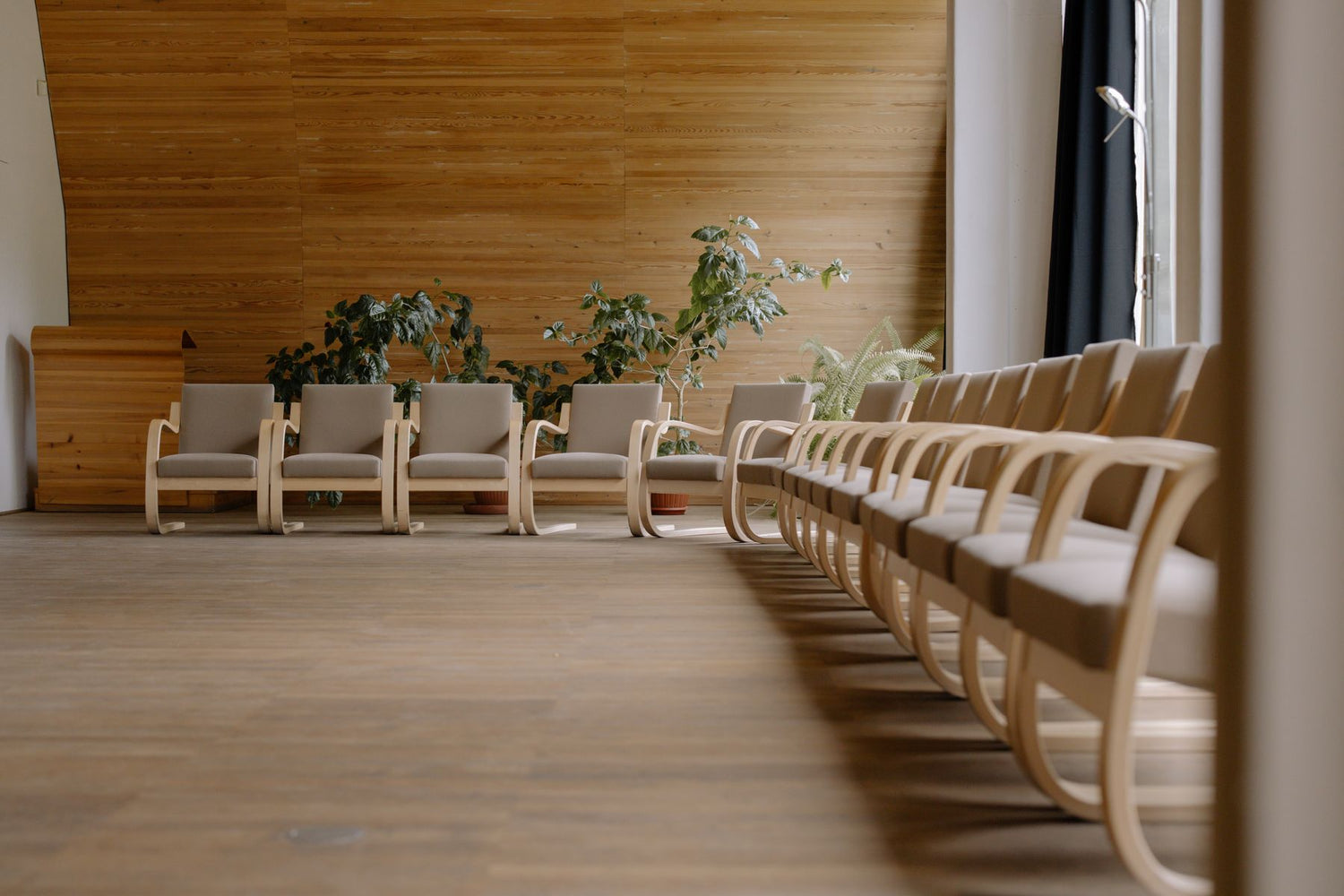 Vergaderzaal met houten wand en een rij planten erlangs