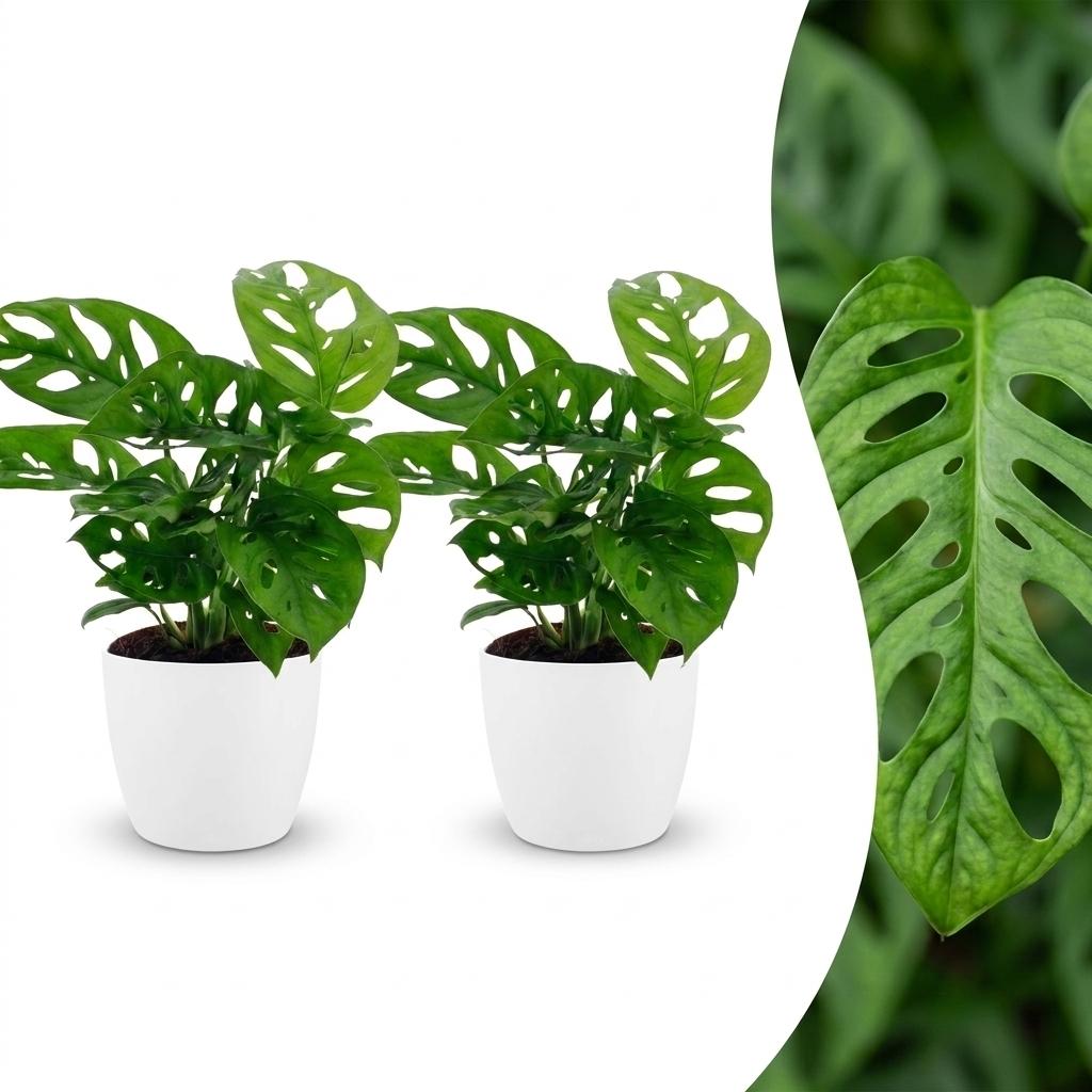 2x Gatenplant - Monstera adansonii Mosstok - incl. Elho Potter - wit - Ø12cm - ↕25cm