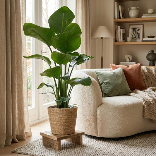 Witte paradijsvogelplant - Strelitzia nicolai - incl. Zeegraskorf - Naturel - Ø21cm - ↕80cm