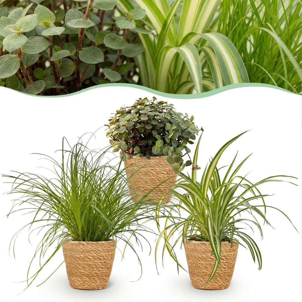 Plantenset van 3 - kattengras, callisia en graslelie - incl. mand - Ø12cm - ↕20cm