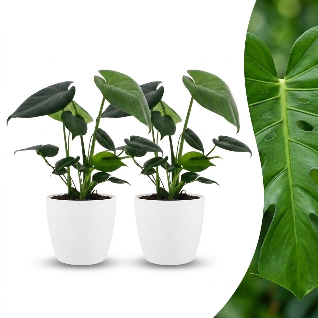 2x Gatenplant - Monstera Deliciosa - incl. Elho Potter - wit - Ø12cm - ↕30cm